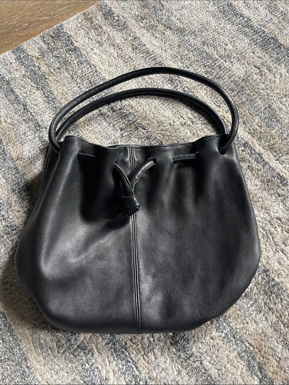Classic Black Leather Shoulder Bag - Soft Drawstring Tote